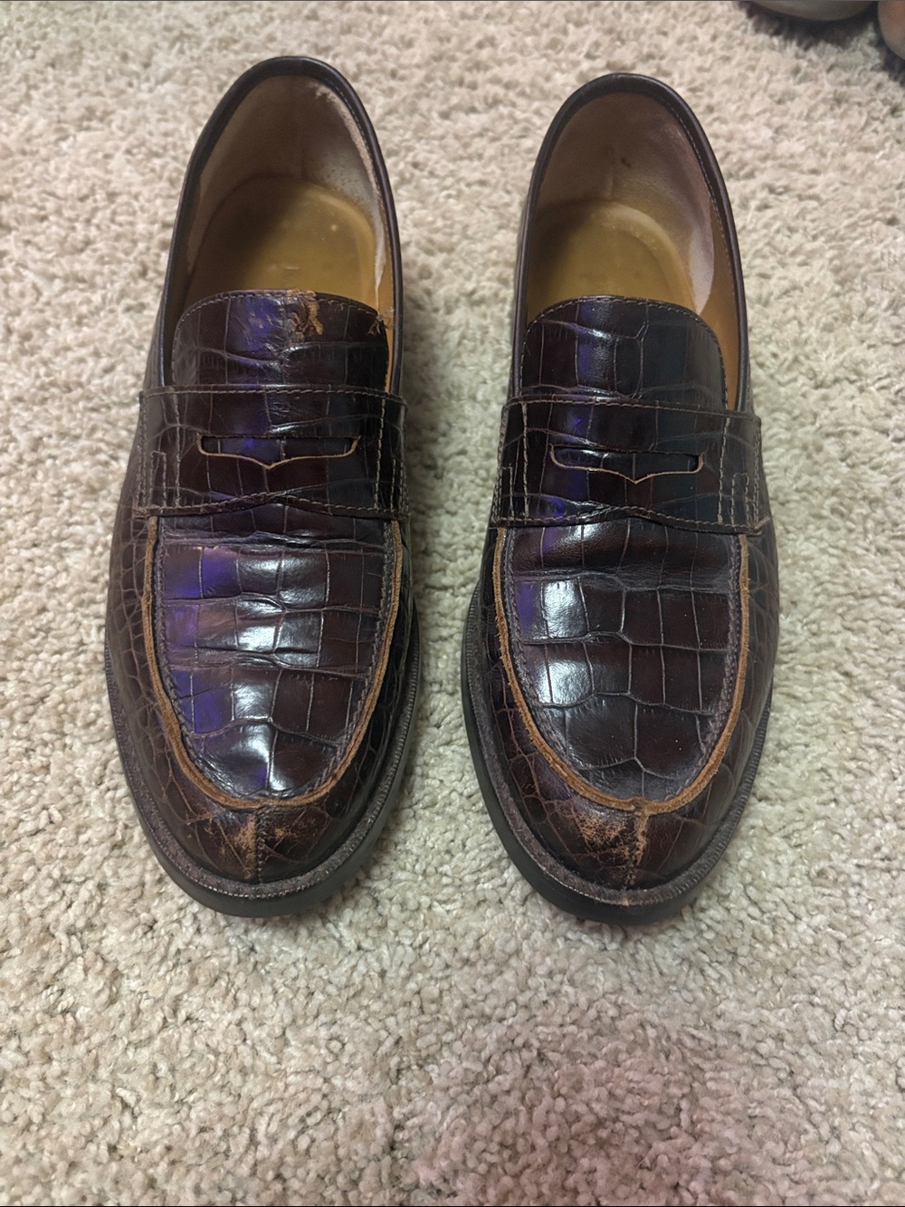 Ralph Lauren Dark Brown Croc Embossed Leather Penny Loafers